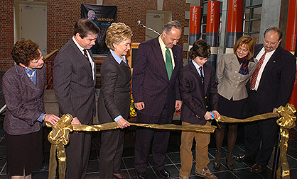 A group of dignitaries, including Hillary Clinton, dedicating the Moynihan Institute in 2005