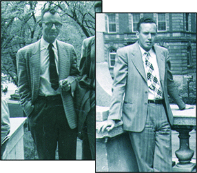 Michael Sawyer and Ralph Ketcham posing for photos outside Maxwell Hall