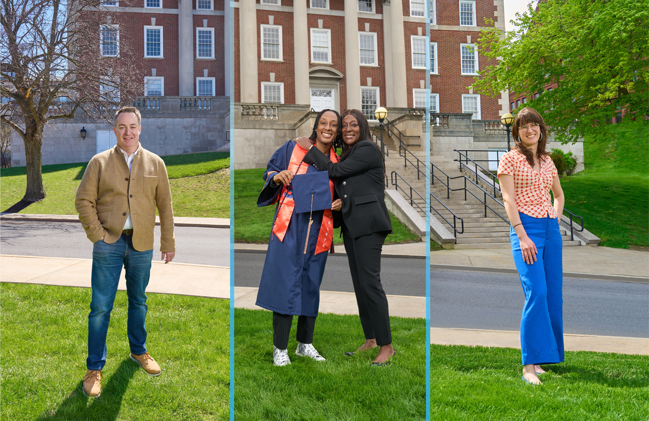 A group of three alumni innovators. The second alumni is accompanied by her daughter.