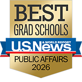 A gold and blue badge labeled "Best Grad Schools: Public Affairs 2026" from U.S. News & World Report.