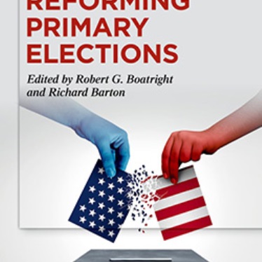 Cover of "Reforming Primary Elections" edited by Robert G. Boatright and Richard Barton. Features a voting box with hands holding envelopes patterned with the U.S. flag.