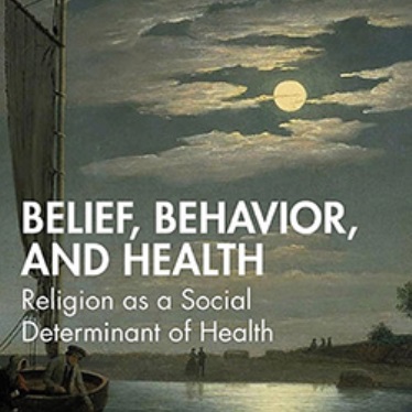 Book cover for "Belief, Behavior, and Health: Religion as a Social Determinant of Health" by Sandra D. Lane. The cover features a serene nocturnal scene with a person sailing a boat under a full moon.
