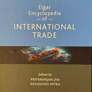 Cover of the "Elgar Encyclopedia of International Trade," edited by Priyaranjan Jha and Devashish Mitra. It features a cargo ship image against a blue and black background.