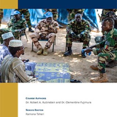 Cover of a booklet titled 'Cultural Awareness for Peace Operations Personnel' showing a group of military personnel in uniform sitting and listening to a speaker in an outdoor setting.
