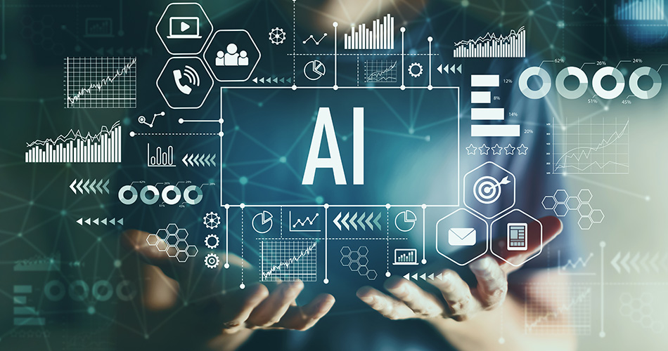 The image depicts a pair of hands hovering beneath an "AI" label, surrounded by digital icons and graphs, symbolizing technology and data analysis.