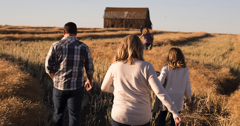 People walking in a field with a barn in the background