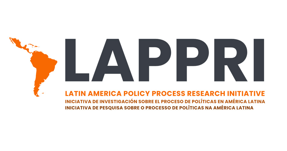 The image shows the logo for "LAPPRI" with a silhouette of Latin America in orange. Below are the full names: "Latin America Policy Process Research Initiative," and its translations in Spanish and Portuguese.