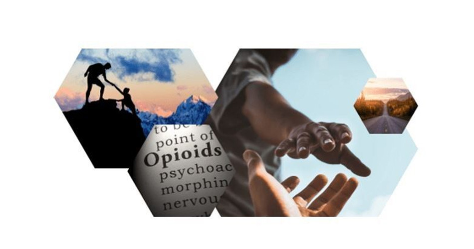 image of hands reaching for each other and the word opioids