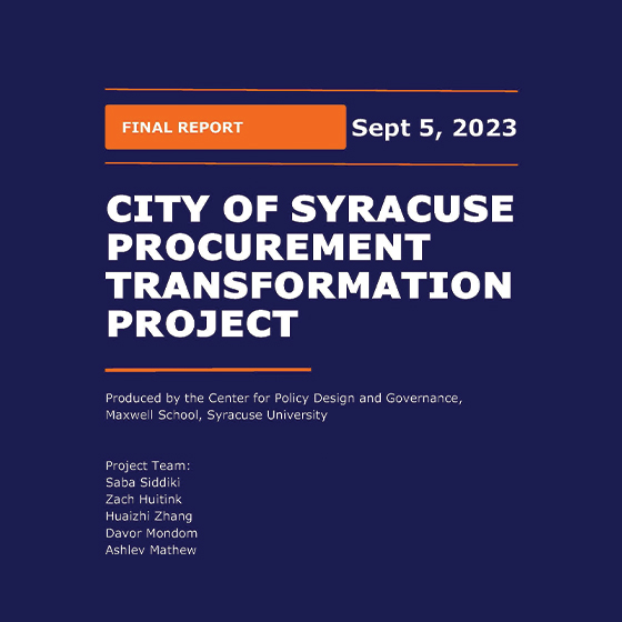 Final report cover titled "City of Syracuse Procurement Transformation Project" dated September 5, 2023. Produced by the Center for Policy Design and Governance, Maxwell School, Syracuse University.
