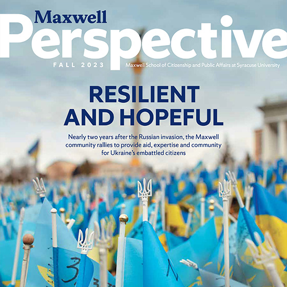 Cover image of fall 2023 perspective magazine. Ukrainian flags
