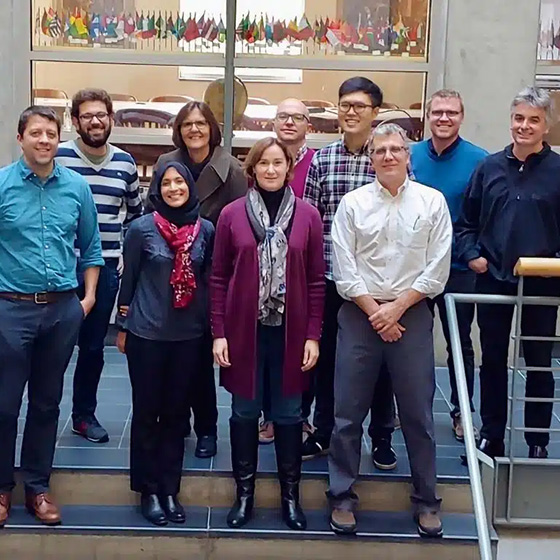 A group of ten IGRI team members posing together on steps inside a building, with a large decorative window featuring international flags visible in the background.