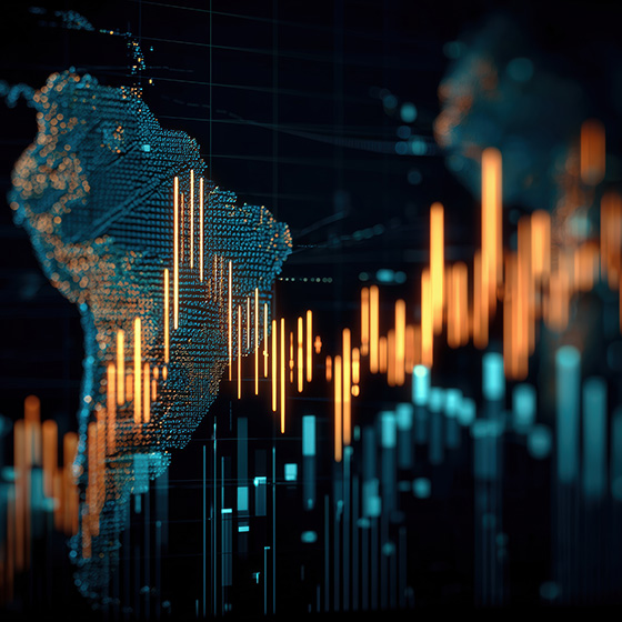 A digital illustration of a glowing data visualization featuring a map of South America overlaid with illuminated bar charts in orange and blue tones, representing data analysis or economic research.