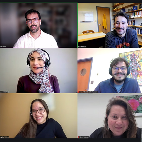 A screenshot of a virtual meeting with six participants shown in a grid,