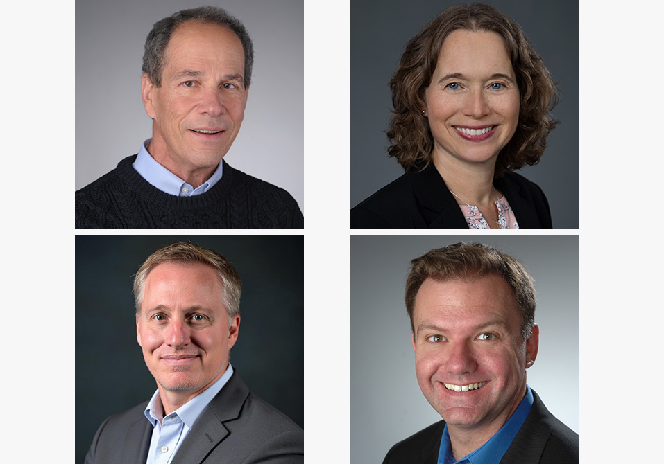 Four professional portraits of individuals in a 2x2 grid, each wearing business attire.