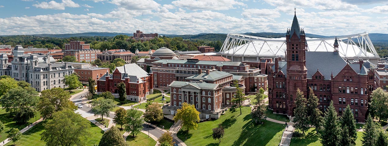 an aerial view of the Maxwell School and surrounding campus buildings