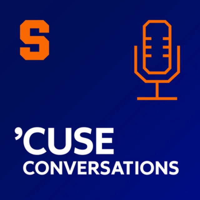 Blue graphic featuring an orange microphone icon and the letter