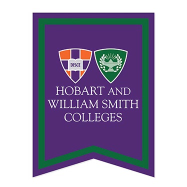 A banner with the crests of Hobart and William Smith Colleges. One crest is purple and orange with the word "Disce," and the other is green with a tree and an open book. The text reads "Hobart and William Smith Colleges" in white on a purple background.