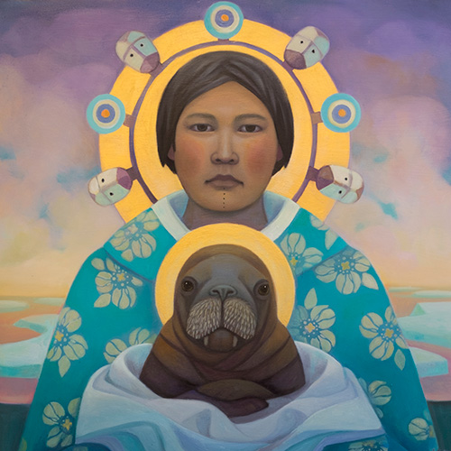 An artistic depiction of an individual holding a walrus, with both figures surrounded by halos. The background features a serene, colorful sky, and the clothing has a floral pattern.
