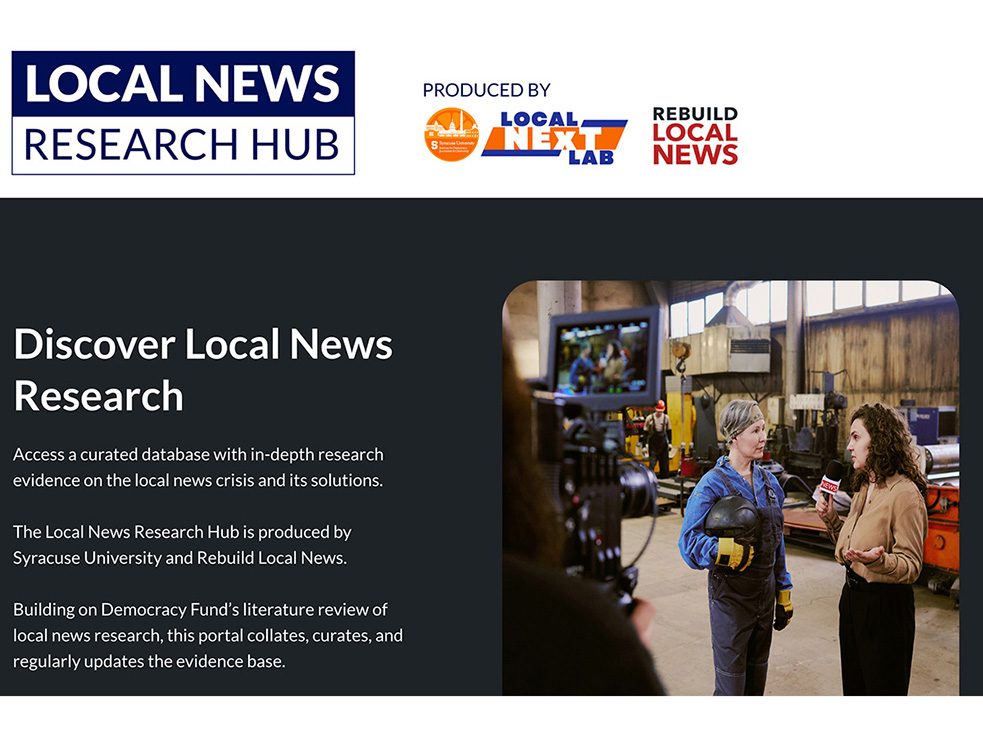 A webpage mockup for the Local News Research Hub, produced by Syracuse University and Rebuild Local News. It features two individuals with a microphone engaged in a discussion inside an industrial setting.