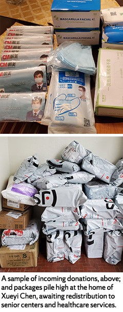 A sample of donated masks and packages piling up while awaiting redistribution.