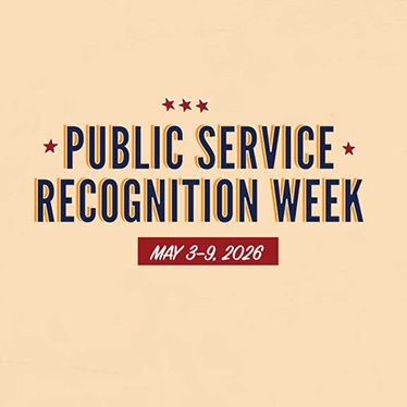 Poster with text reading 'Public Service Recognition Week, May 3-9, 2026' on a beige background with small red stars.