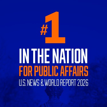 #1 in the Nation for Public Affairs, U.S. News & World Report 2026, written in bold orange and white text on a blue background.