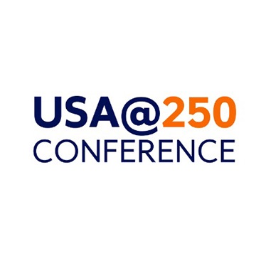 “USA@250 Conference” logo in navy and orange text on white background