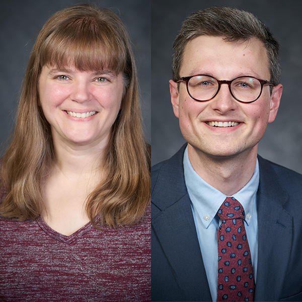 On the left, a person with shoulder-length light brown hair and bangs smiles, wearing a maroon heathered top. On the right, a person with short brown hair and glasses smiles, wearing a navy suit jacket, light blue shirt, and patterned maroon tie.
