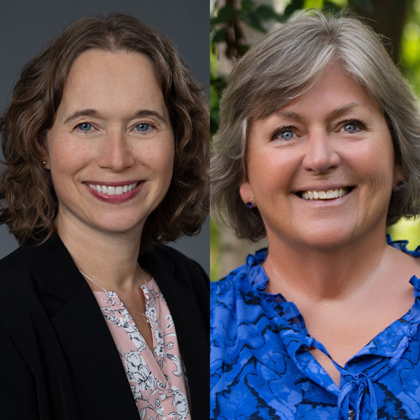 Portrait of two people. The person on the left is wearing a black jacket and a patterned blouse, with a pleasant smile. The person on the right is dressed in a blue blouse, smiling warmly at the camera. Both are set against natural backgrounds.