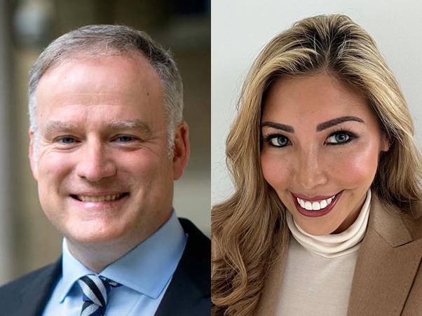 Two headshots side by side: on the left, a person with short gray hair wearing a dark suit jacket and blue striped tie, smiling; on the right, a person with long blonde hair wearing a beige turtleneck and blazer, smiling.