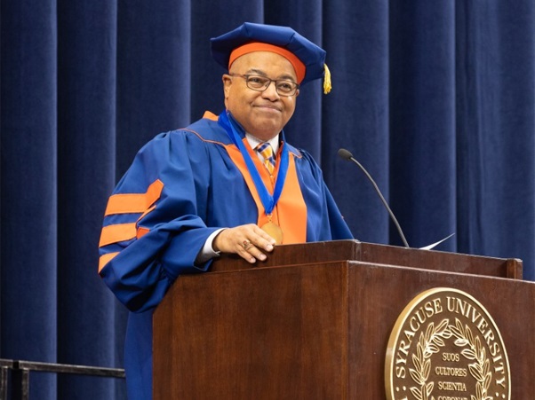 Mike Tirico speaking at convocation
