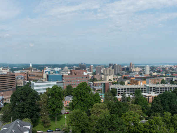 View of the City of Syracuse skyline from campus